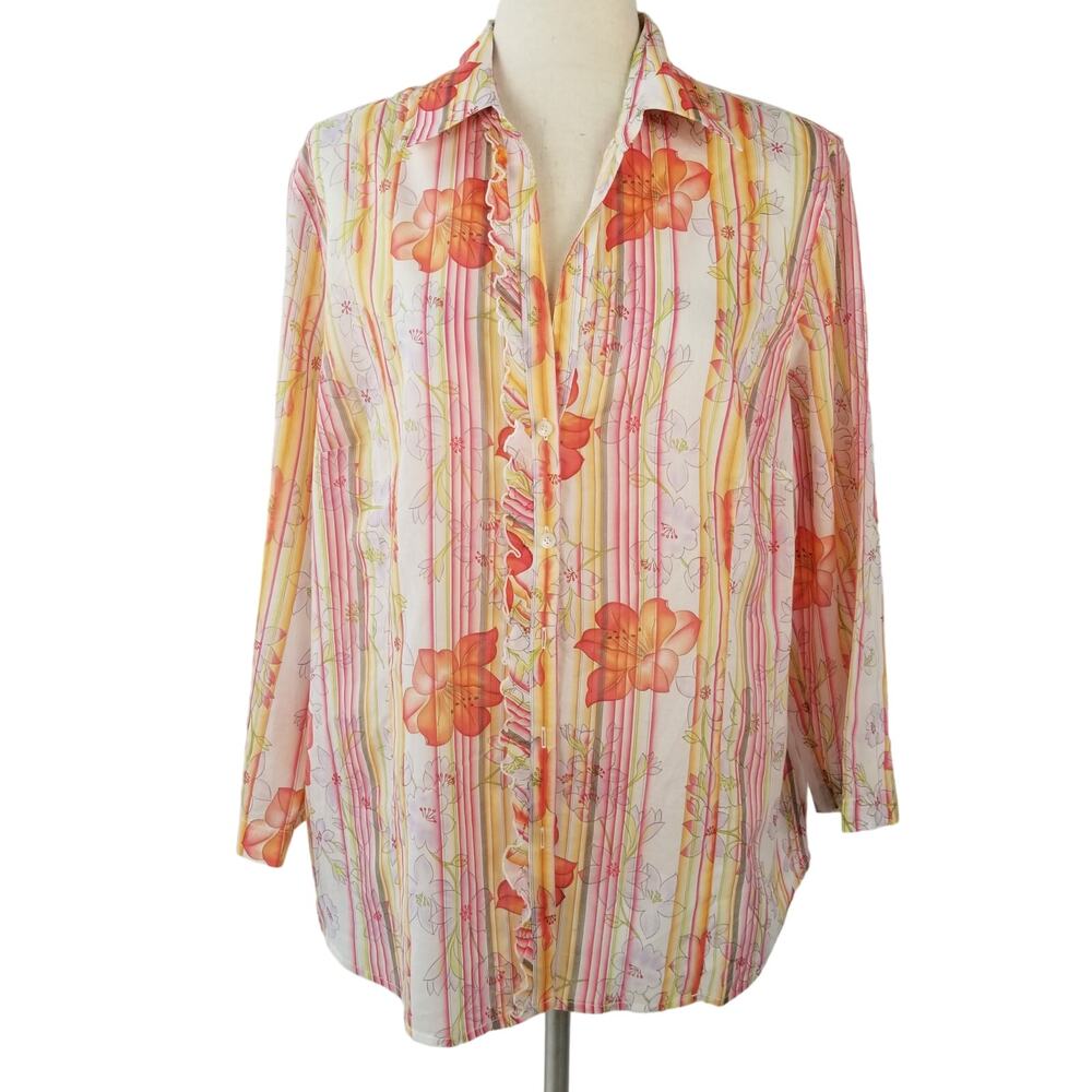 Talbots Pink White Orange Abstract Floral Sheer Ruffle Top Size XL